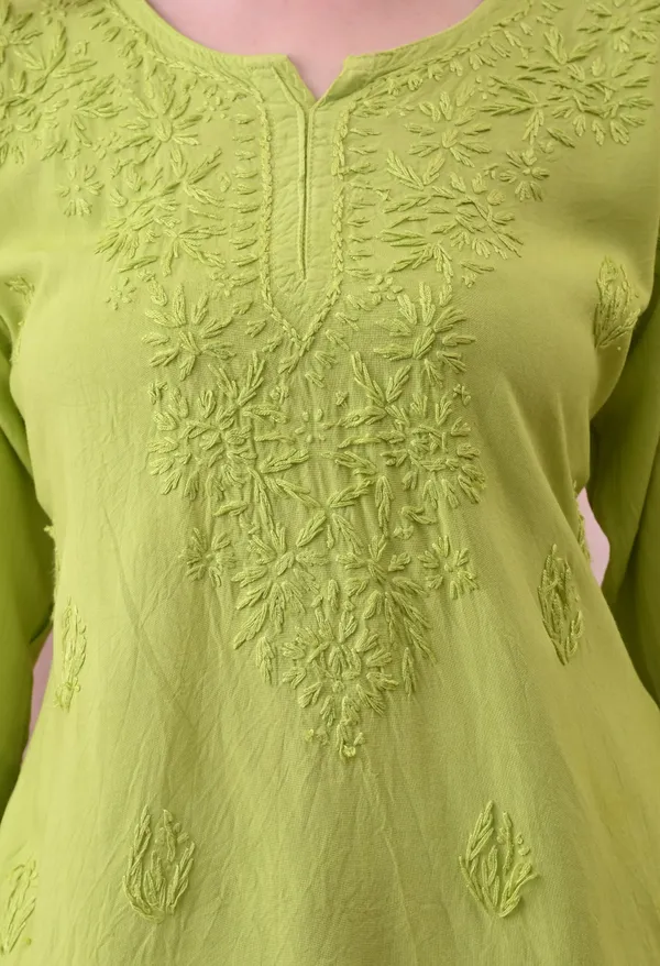 Parrot_Green_Rayon_Chikankari_Short_Kurta