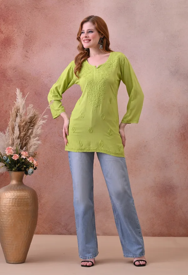 Parrot_Green_Rayon_Chikankari_Short_Kurta