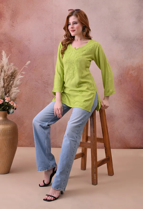 Parrot_Green_Rayon_Chikankari_Short_Kurta