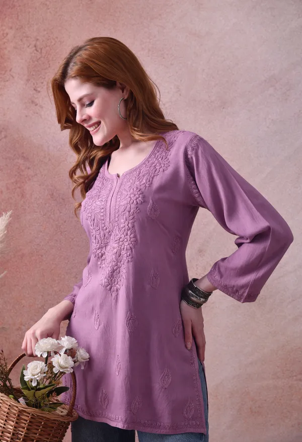 Purple_Green_Rayon_Chikankari_Short_Kurta
