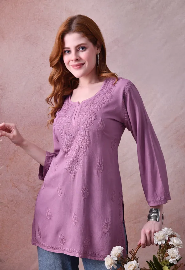 Purple_Green_Rayon_Chikankari_Short_Kurta