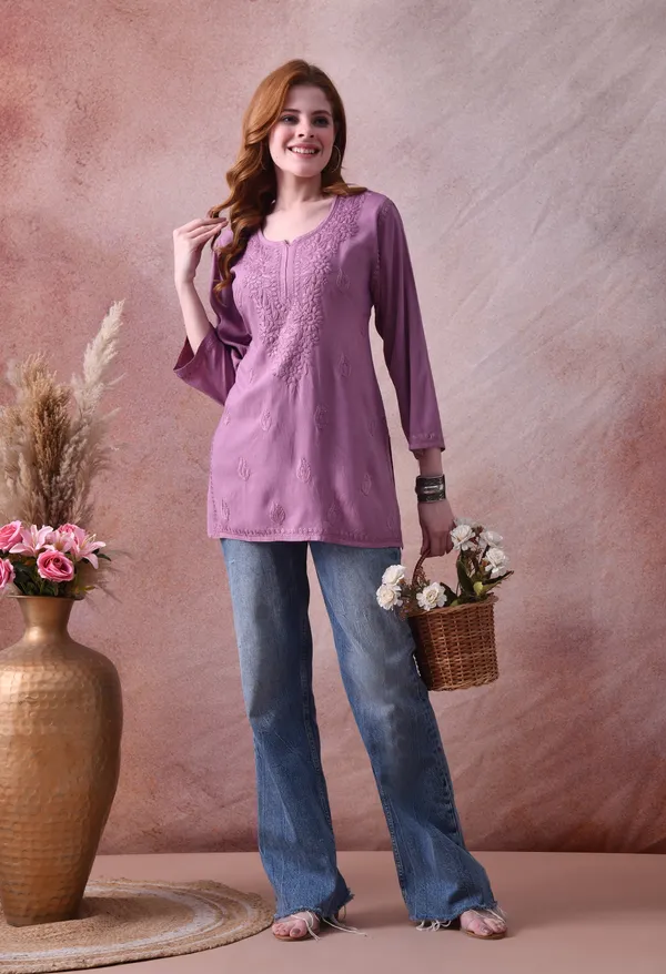 Purple_Green_Rayon_Chikankari_Short_Kurta