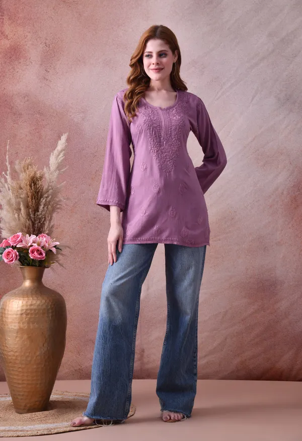 Purple_Green_Rayon_Chikankari_Short_Kurta