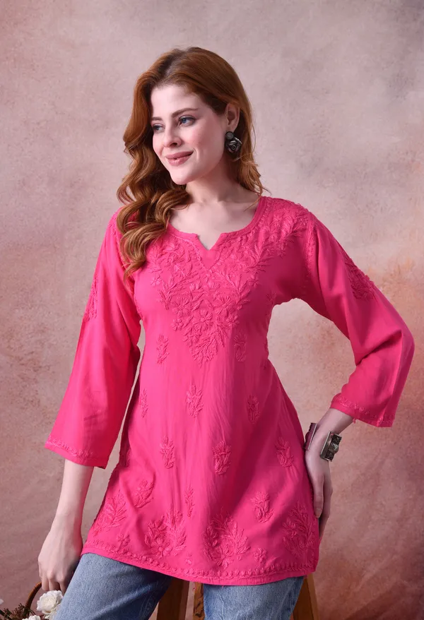 Rani_Pink_Rayon_Chikankari_Short_Kurta
