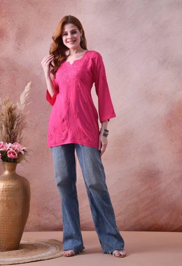 Rani_Pink_Rayon_Chikankari_Short_Kurta