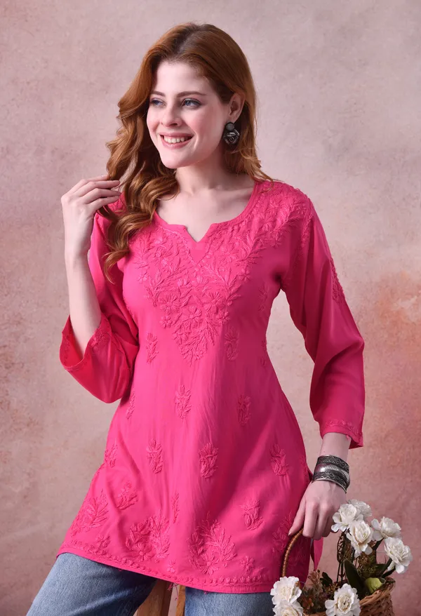 Rani_Pink_Rayon_Chikankari_Short_Kurta
