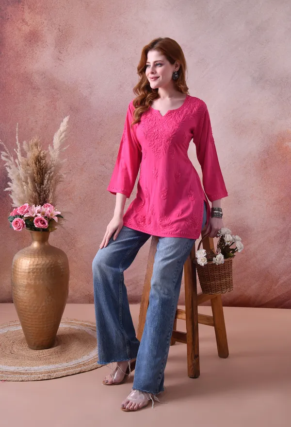 Rani_Pink_Rayon_Chikankari_Short_Kurta