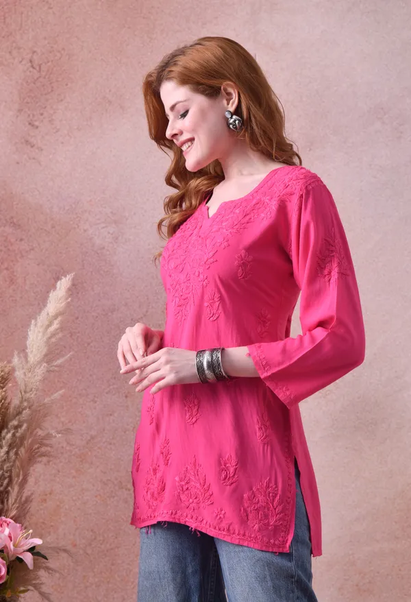 Rani_Pink_Rayon_Chikankari_Short_Kurta