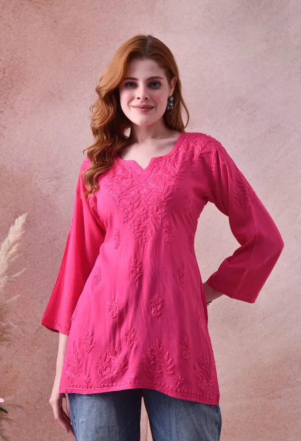 Rani_Pink_Rayon_Chikankari_Short_Kurta