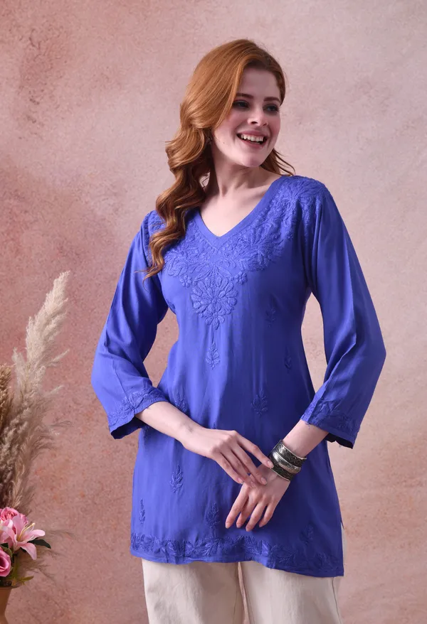 Royal_Blue_Rayon_Chikankari_Short_Kurta