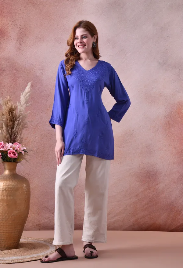 Royal_Blue_Rayon_Chikankari_Short_Kurta