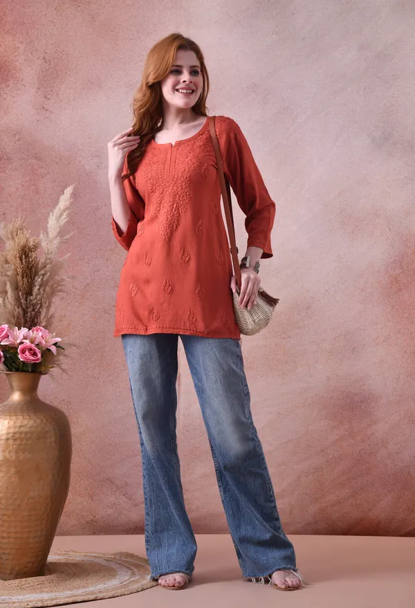 Rust_Rayon_Chikankari_Short_Kurta