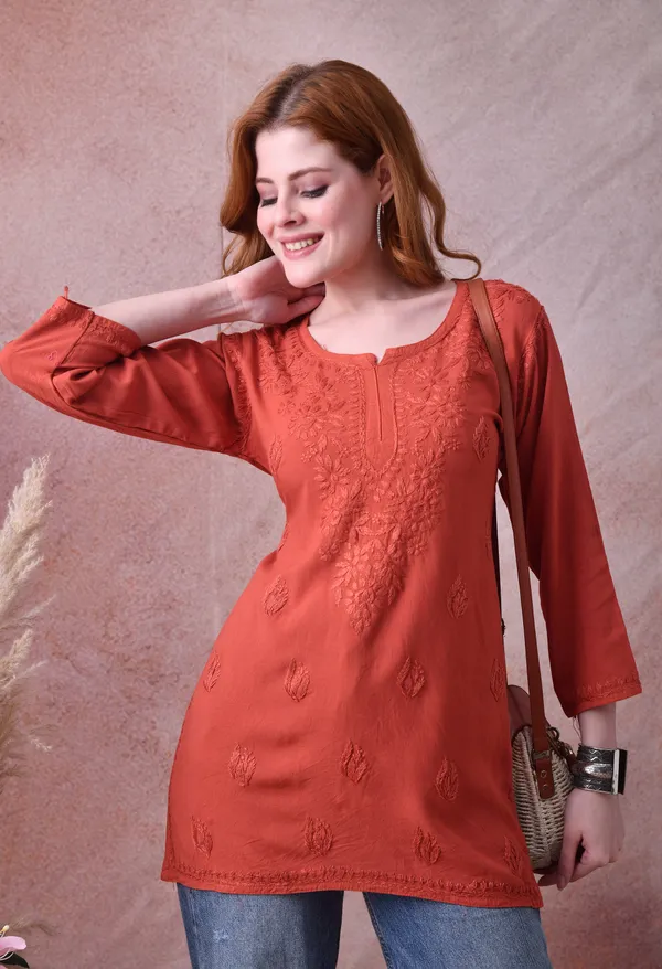 Rust_Rayon_Chikankari_Short_Kurta