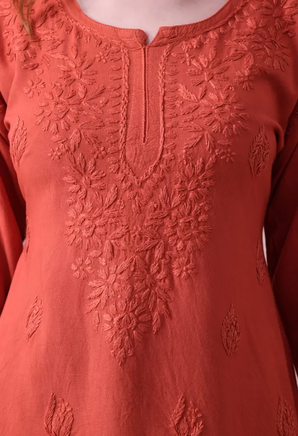 Rust_Rayon_Chikankari_Short_Kurta