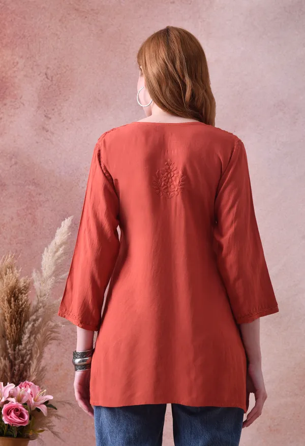 Rust_Rayon_Chikankari_Short_Kurta