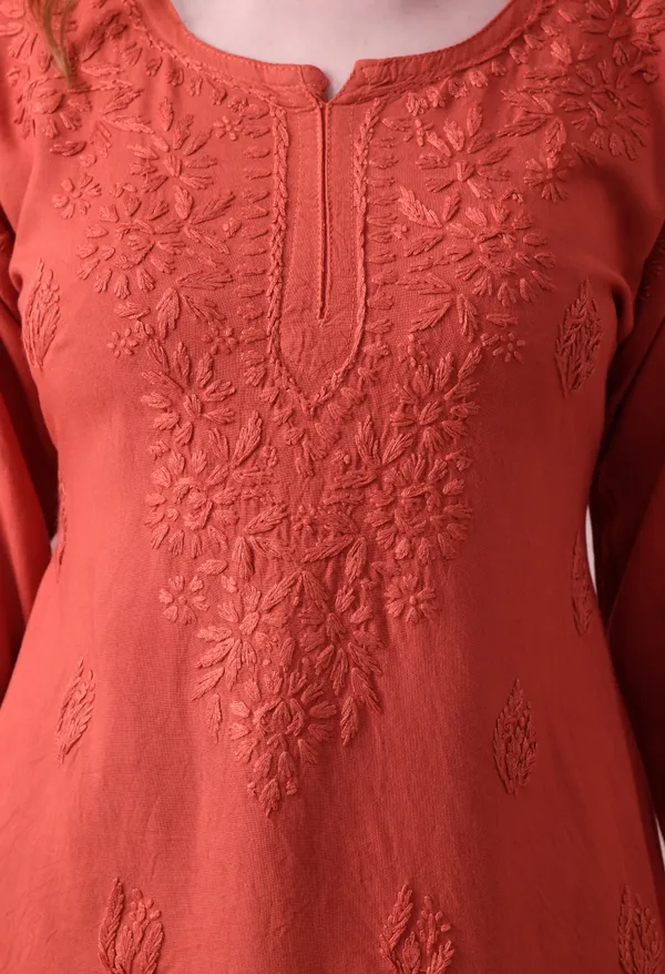 Rust_Rayon_Chikankari_Short_Kurta