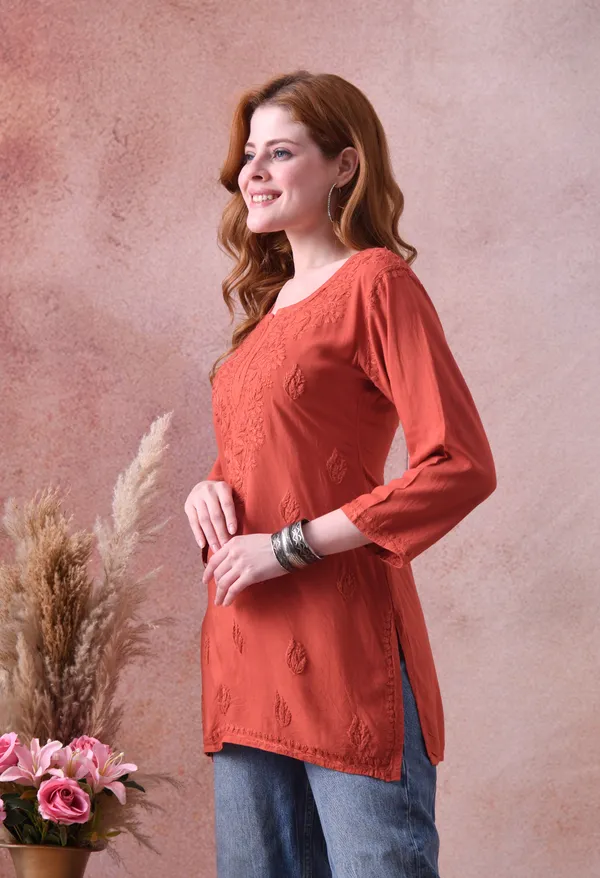 Rust_Rayon_Chikankari_Short_Kurta