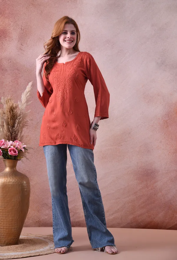Rust_Rayon_Chikankari_Short_Kurta