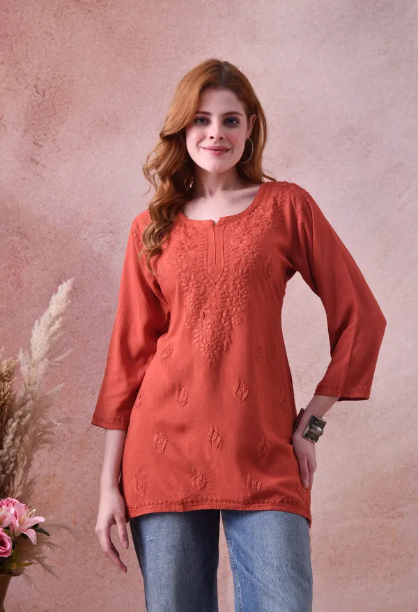 Rust_Rayon_Chikankari_Short_Kurta