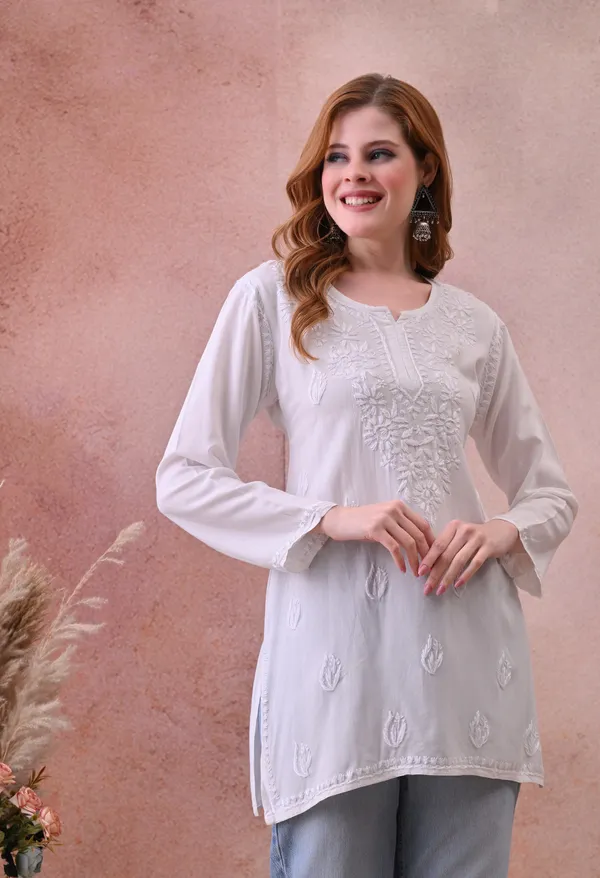 White_Rayon_Chikankari_Short_Kurta