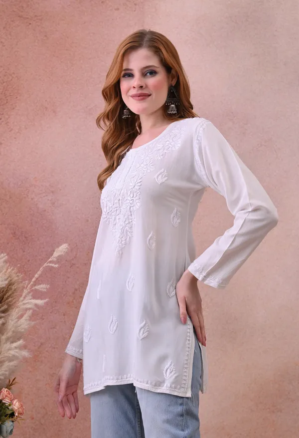 White_Rayon_Chikankari_Short_Kurta