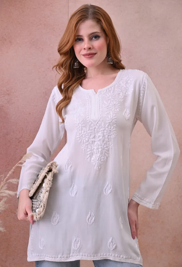 White_Rayon_Chikankari_Short_Kurta