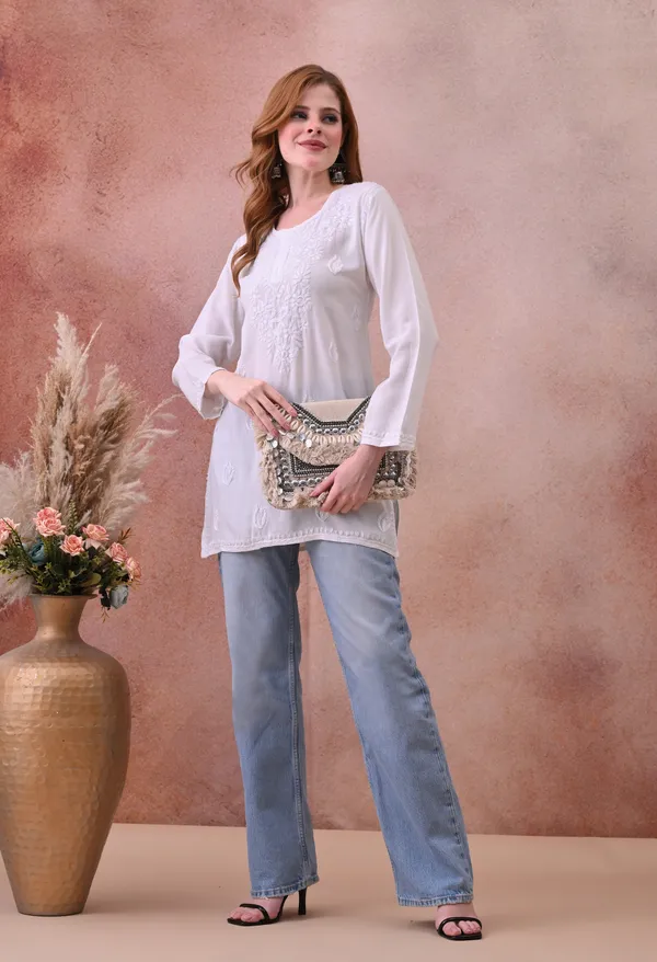 White_Rayon_Chikankari_Short_Kurta