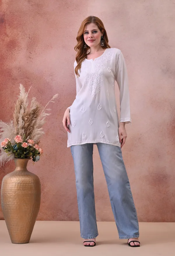 White_Rayon_Chikankari_Short_Kurta