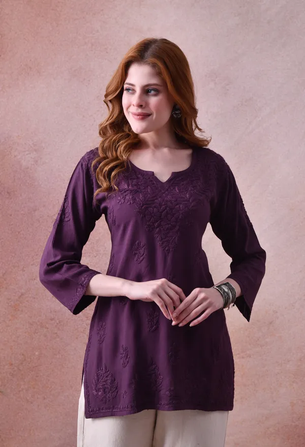 Wine_Rayon_Chikankari_Short_Kurta