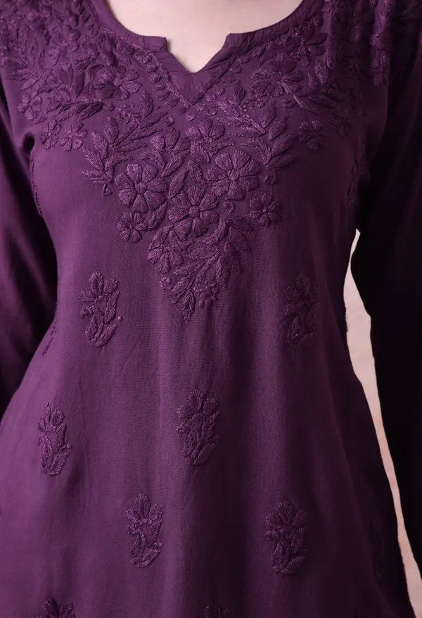 Wine_Rayon_Chikankari_Short_Kurta