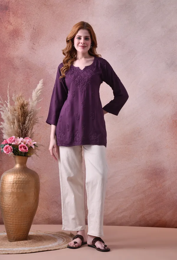 Wine_Rayon_Chikankari_Short_Kurta