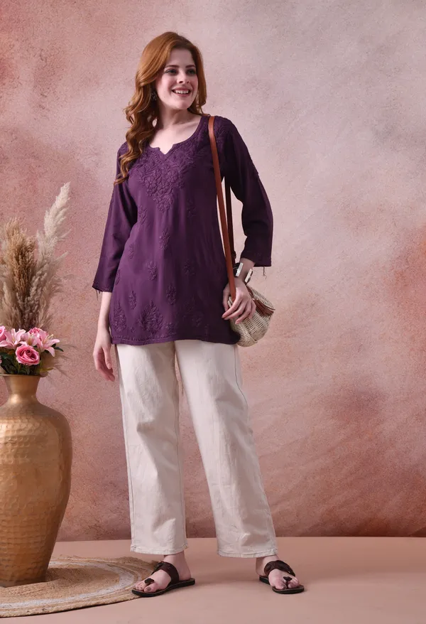 Wine_Rayon_Chikankari_Short_Kurta
