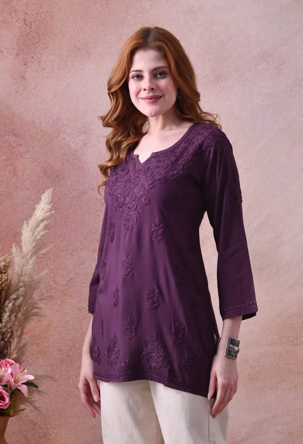 Wine_Rayon_Chikankari_Short_Kurta