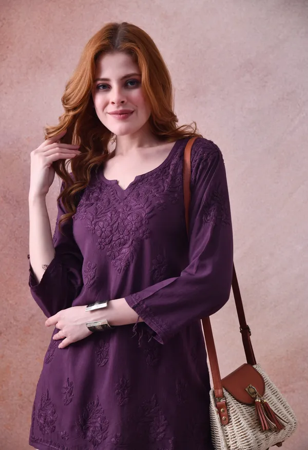 Wine_Rayon_Chikankari_Short_Kurta