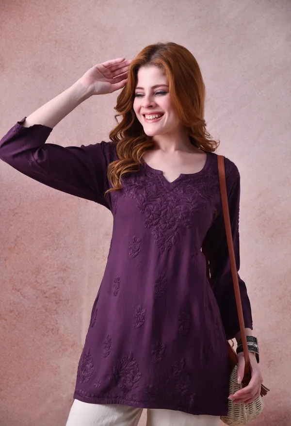 Wine_Rayon_Chikankari_Short_Kurta