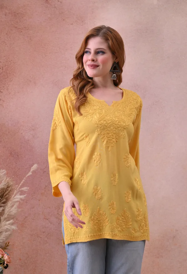 Yellow_Rayon_Chikankari_Short_Kurta
