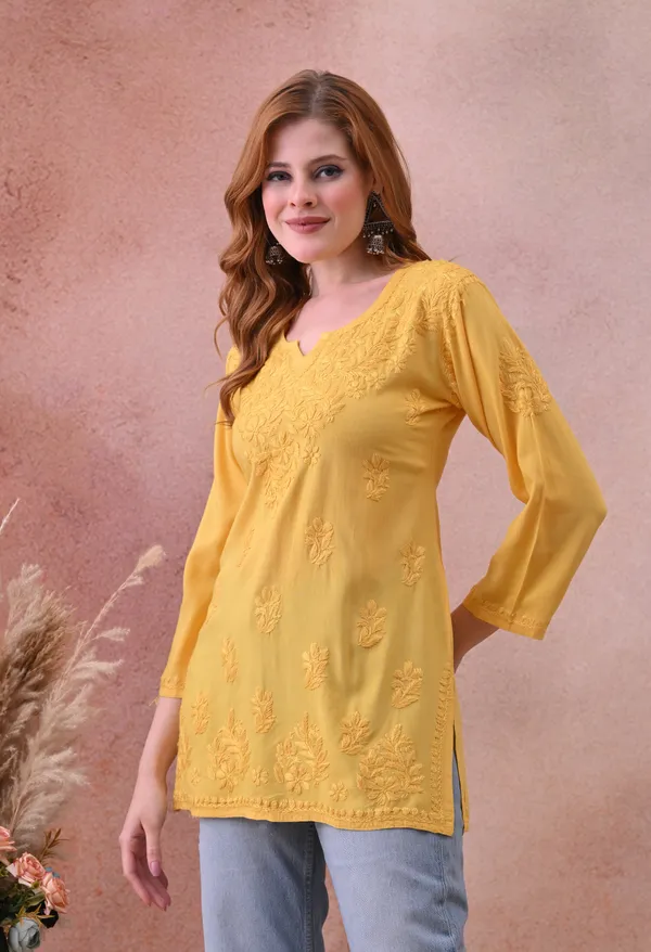 Yellow_Rayon_Chikankari_Short_Kurta