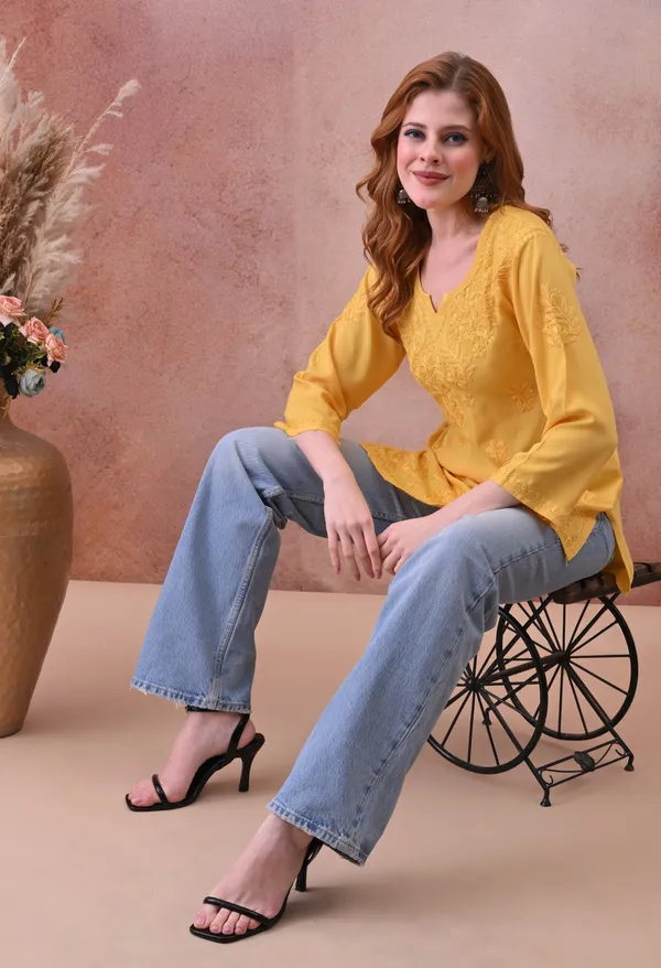 Yellow_Rayon_Chikankari_Short_Kurta