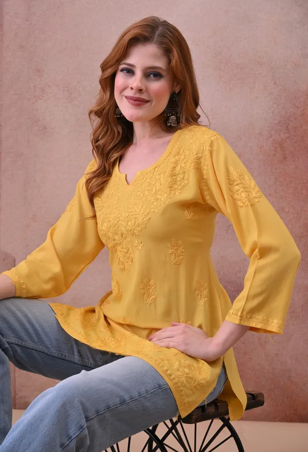 Yellow_Rayon_Chikankari_Short_Kurta