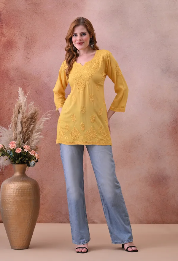 Yellow_Rayon_Chikankari_Short_Kurta