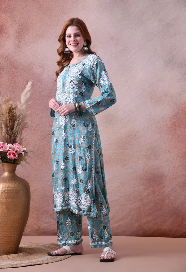 Aqua_Bloom_Hand-Embroidered_Chikankari_Rayon_Kurta_&_Pant_Set