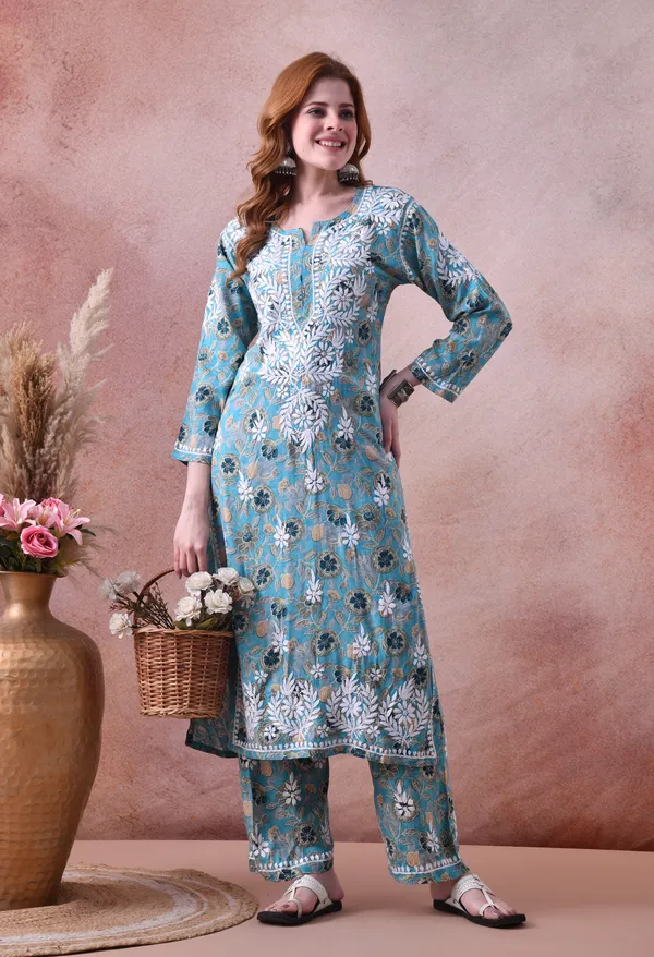 Aqua_Bloom_Hand-Embroidered_Chikankari_Rayon_Kurta_&_Pant_Set