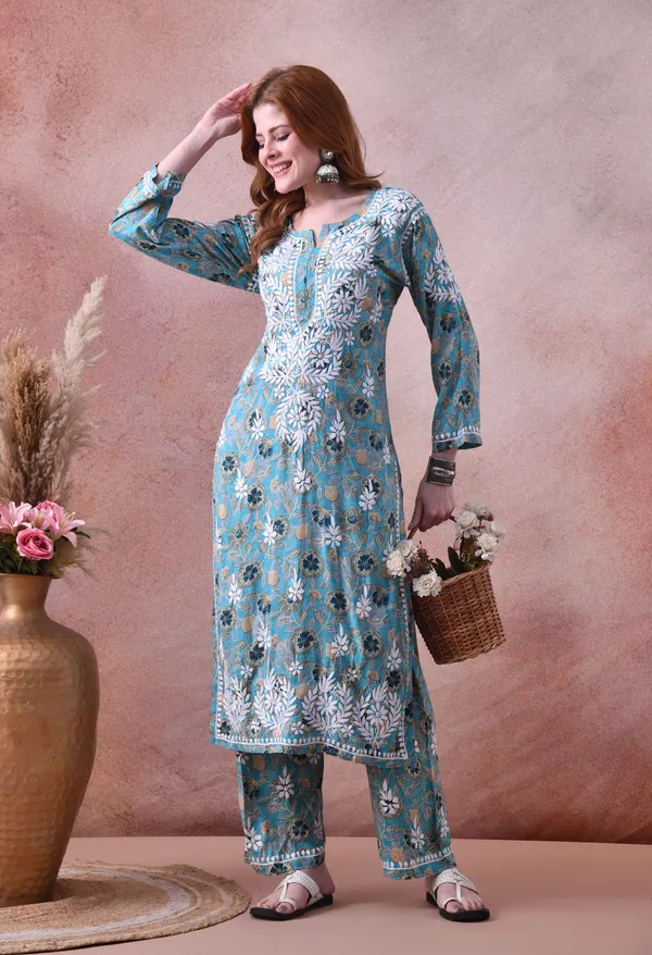 Aqua_Bloom_Hand-Embroidered_Chikankari_Rayon_Kurta_&_Pant_Set