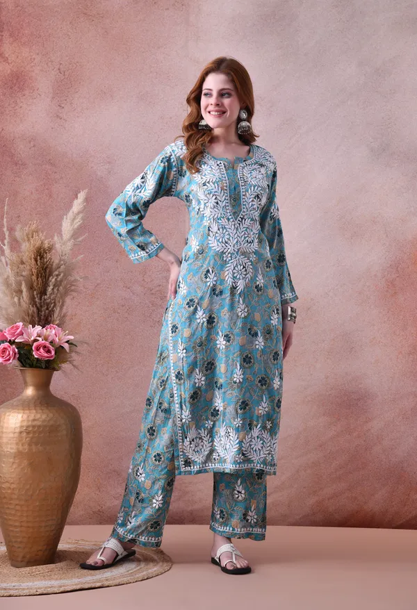 Aqua_Bloom_Hand-Embroidered_Chikankari_Rayon_Kurta_&_Pant_Set