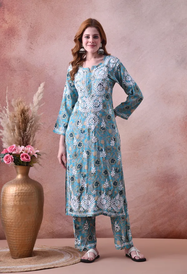 Aqua_Bloom_Hand-Embroidered_Chikankari_Rayon_Kurta_&_Pant_Set