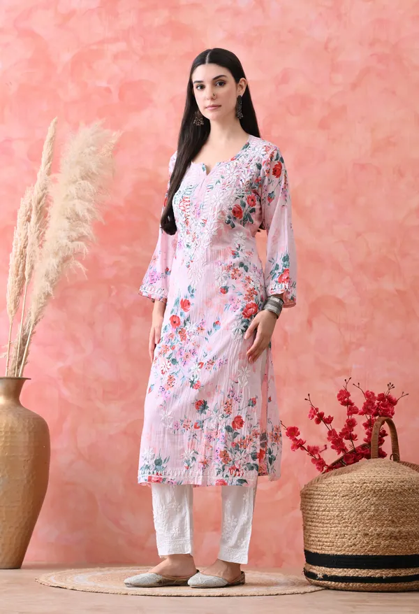 Hand_Embroidered_Chikankari_Mulmul_Floral_Print_Kurta-Pink