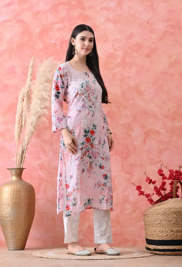 Hand_Embroidered_Chikankari_Mulmul_Floral_Print_Kurta-Pink