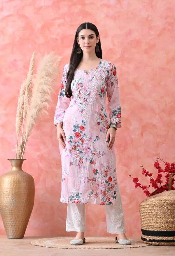 Hand_Embroidered_Chikankari_Mulmul_Floral_Print_Kurta-Pink