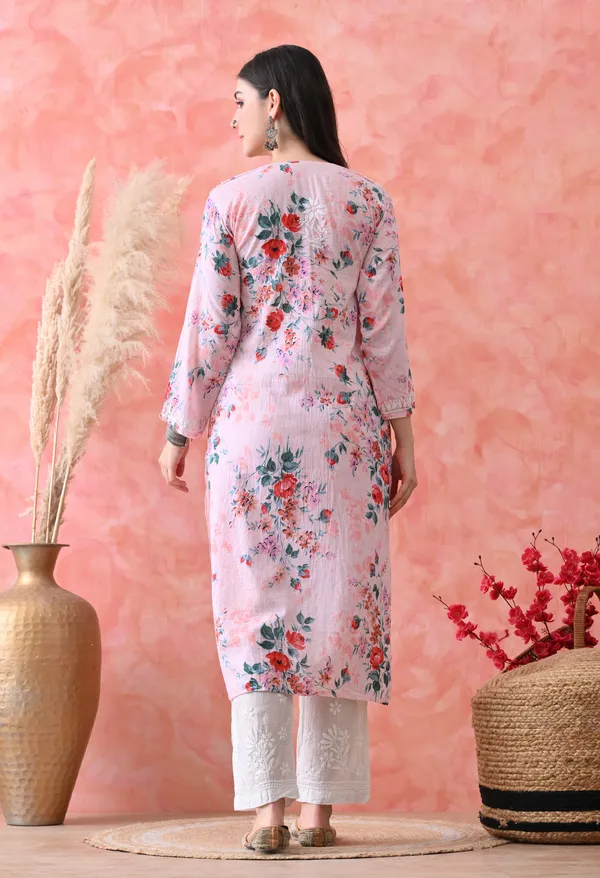 Hand_Embroidered_Chikankari_Mulmul_Floral_Print_Kurta-Pink