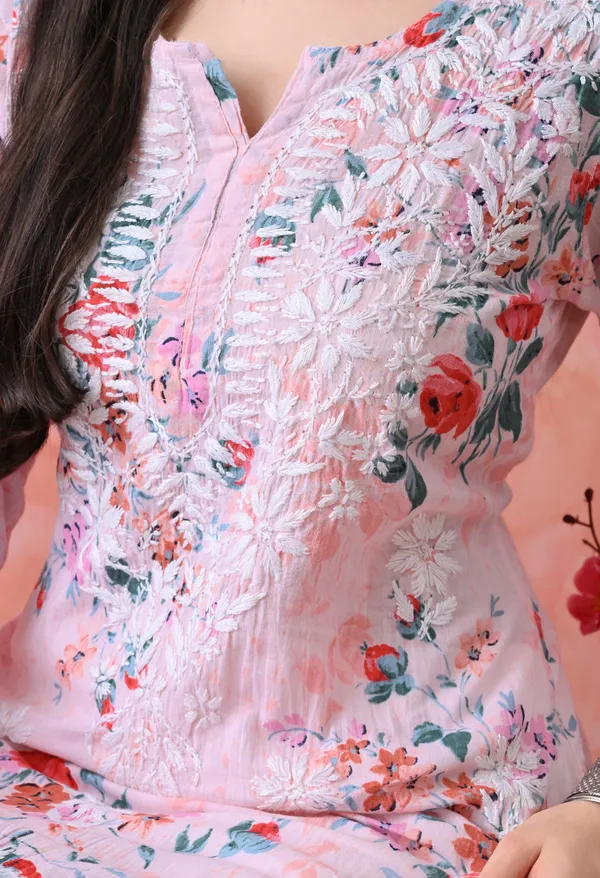 Hand_Embroidered_Chikankari_Mulmul_Floral_Print_Kurta-Pink
